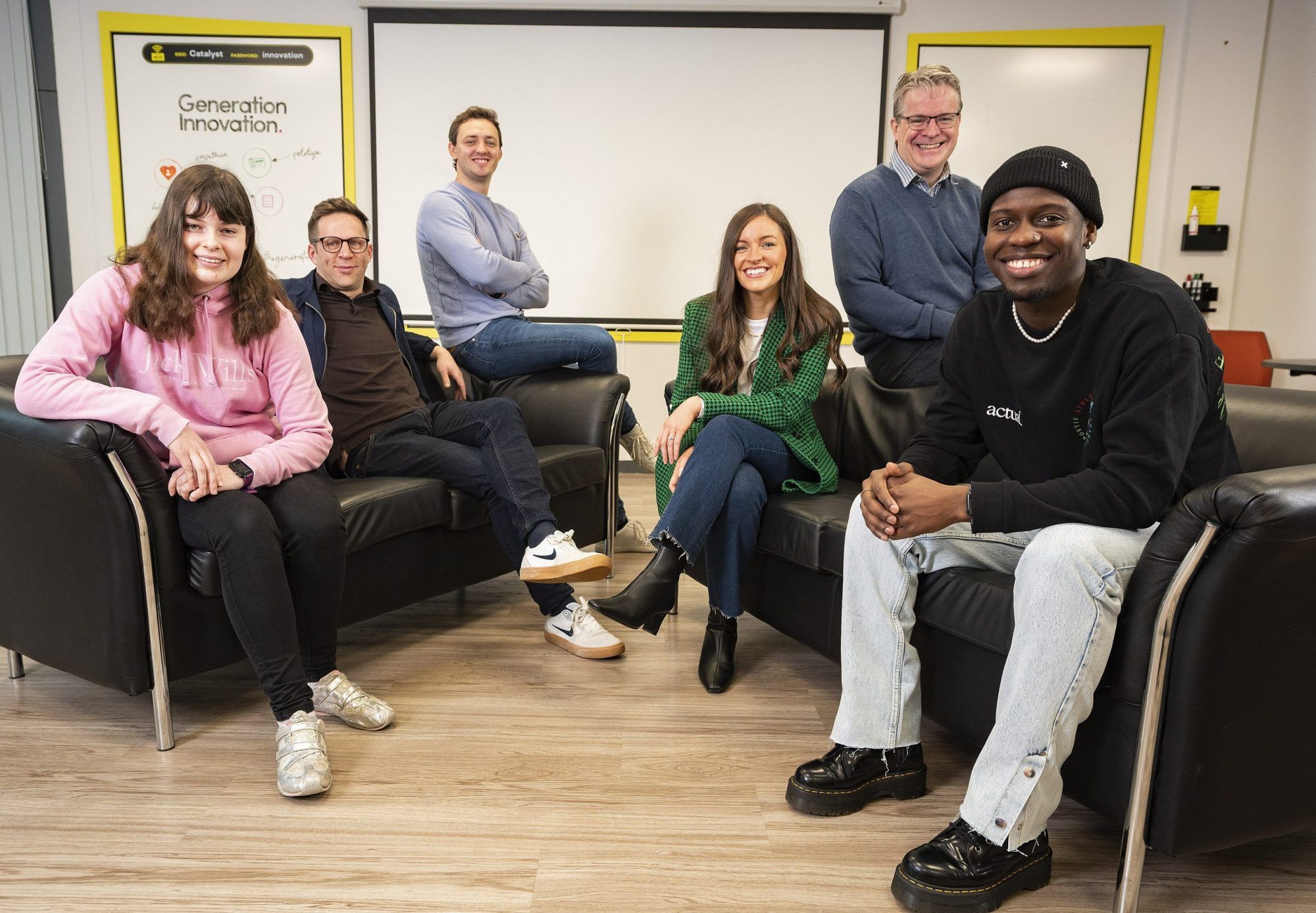 From left to right: Bloomfield Collegiate Student: Rachel COO DisplayNote: Ed Morgan Steering Team Chairperson/ MD Dawson Andrews: Andrew Fulton GI Programme Manager: Judith Camblin Bloomfield Collegiate Teacher: John McEvoy GI Alumni: Salou Jallow