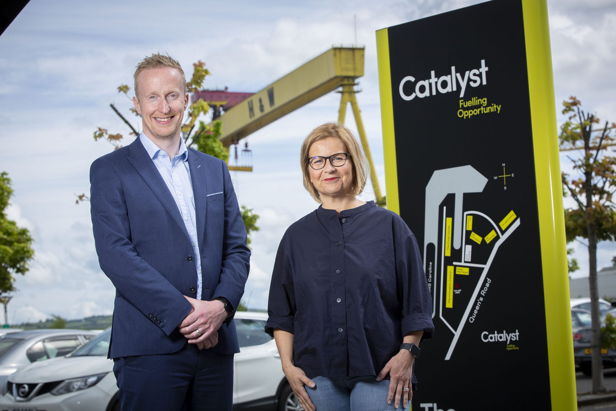 Elaine Smyth, Director of Innovation Community at Catalyst and Niall Devlin, Head of Business Banking NI at Bank of Ireland UK launch the 2022 INVENT Awards.